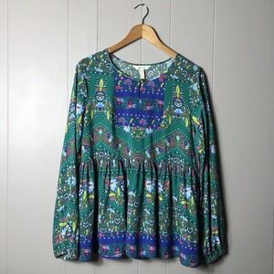 MATILDA JANE BLUE GREEN FLORAL PATTERN BOHO PEANSANT BLOUSE WOMENS SIZE MEDIUM